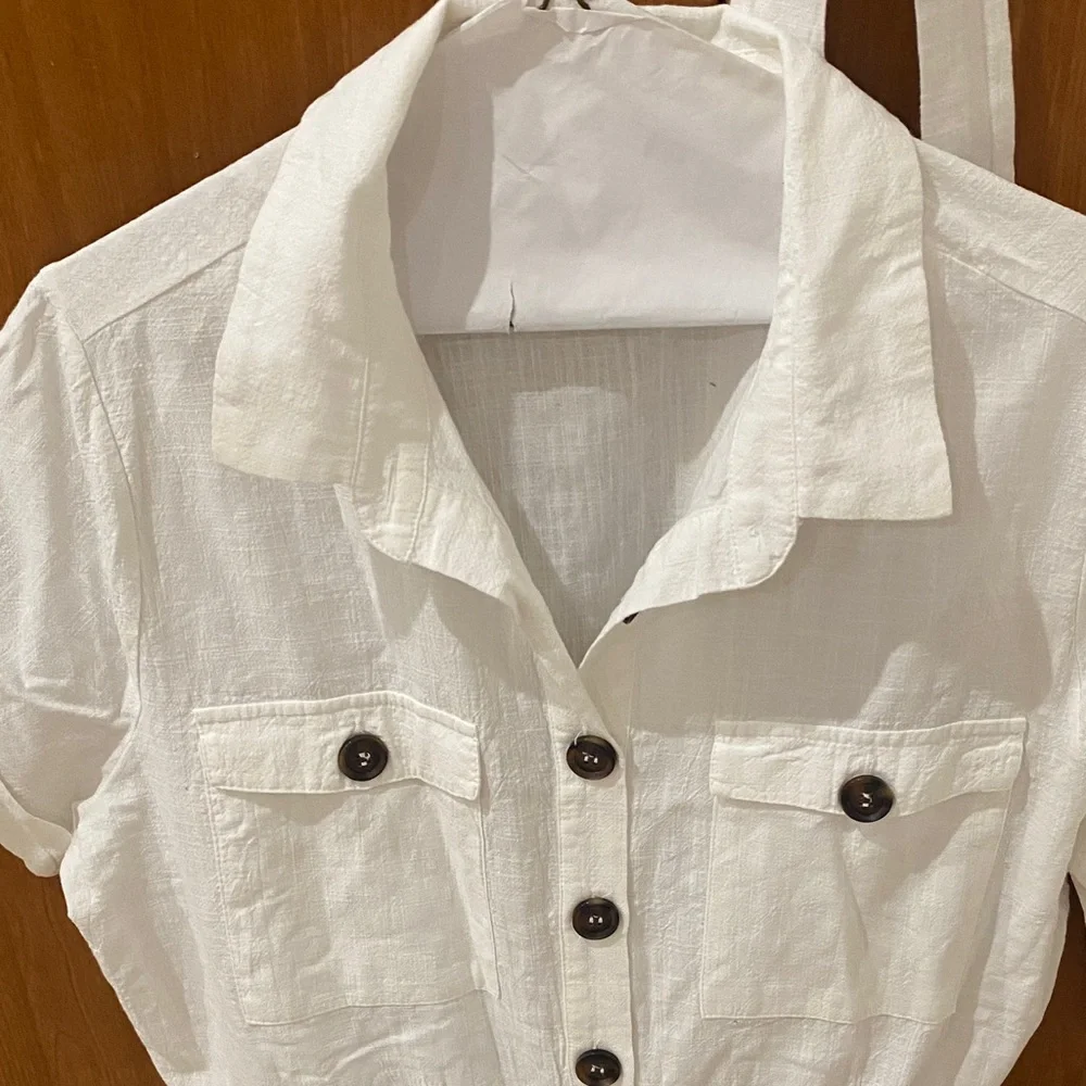 Classic White Button-Front Short Sleeve Romper - Picture 2 of 5